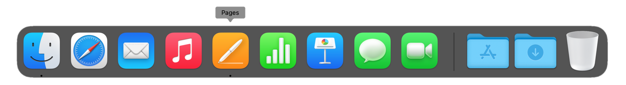 The Dock and active applications shown with a black dot.