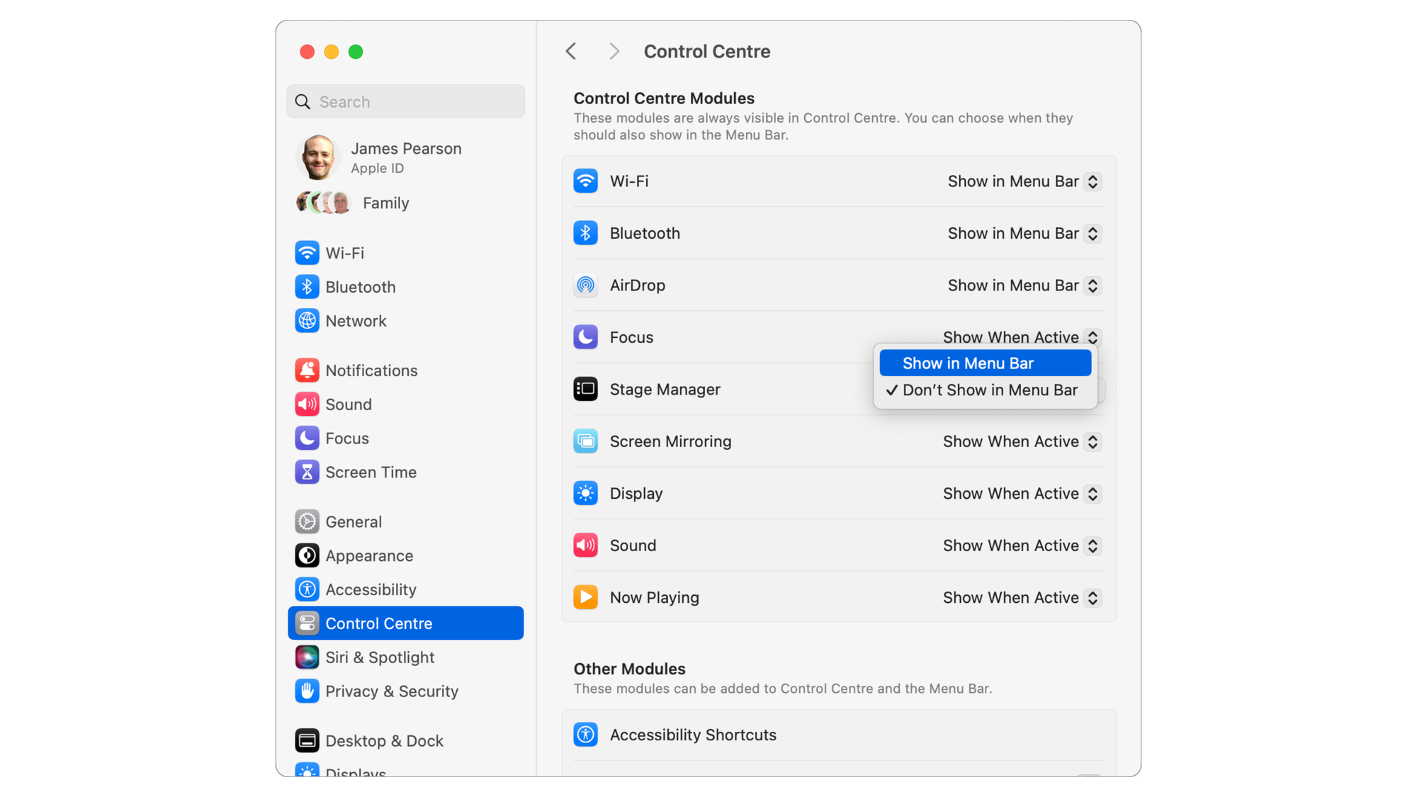 The Stage Manager option displayed in the settings menu for Control Centre with the option to Show or Don't Show in Menu Bar.